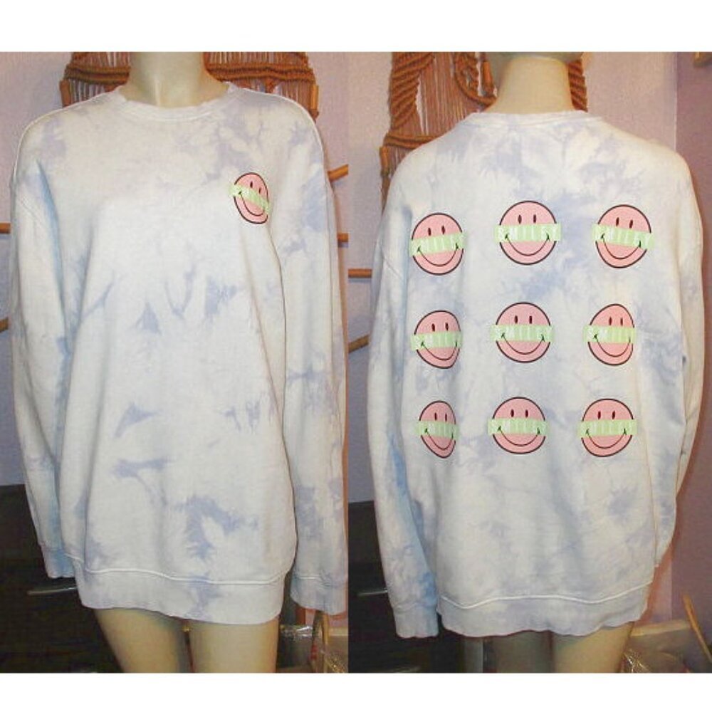 Smiley Face H&M Sweatshirt Mens Size M Oversized Graphic Grunge Happy Hippie NEW